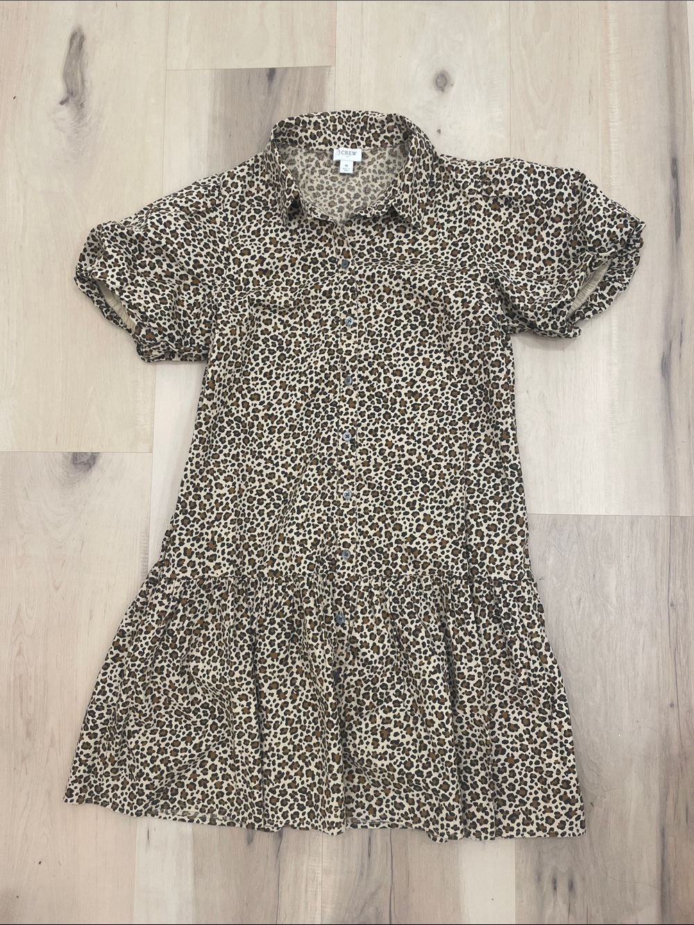 J. Crew Bubble Short Puff Sleeve Button Up Drop Waist Leopard Print Mini Dress